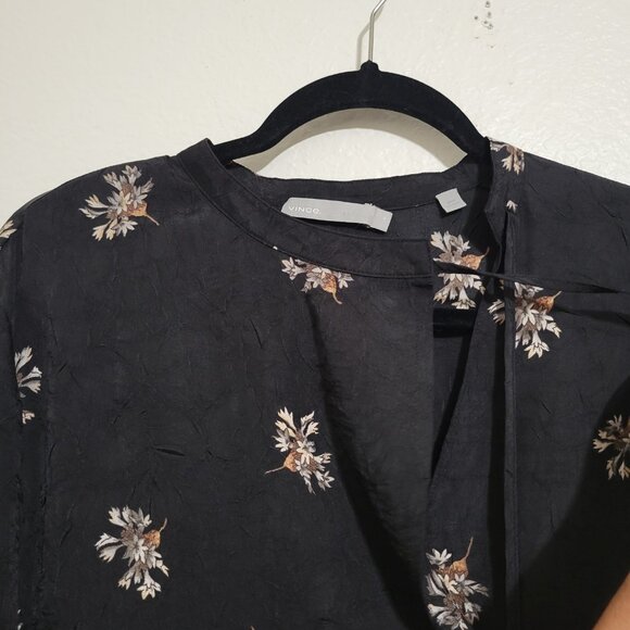 Vince Tossed Bouquet Floral Tie-neck Crinkled Black Blouse Small - Picture 6 of 12